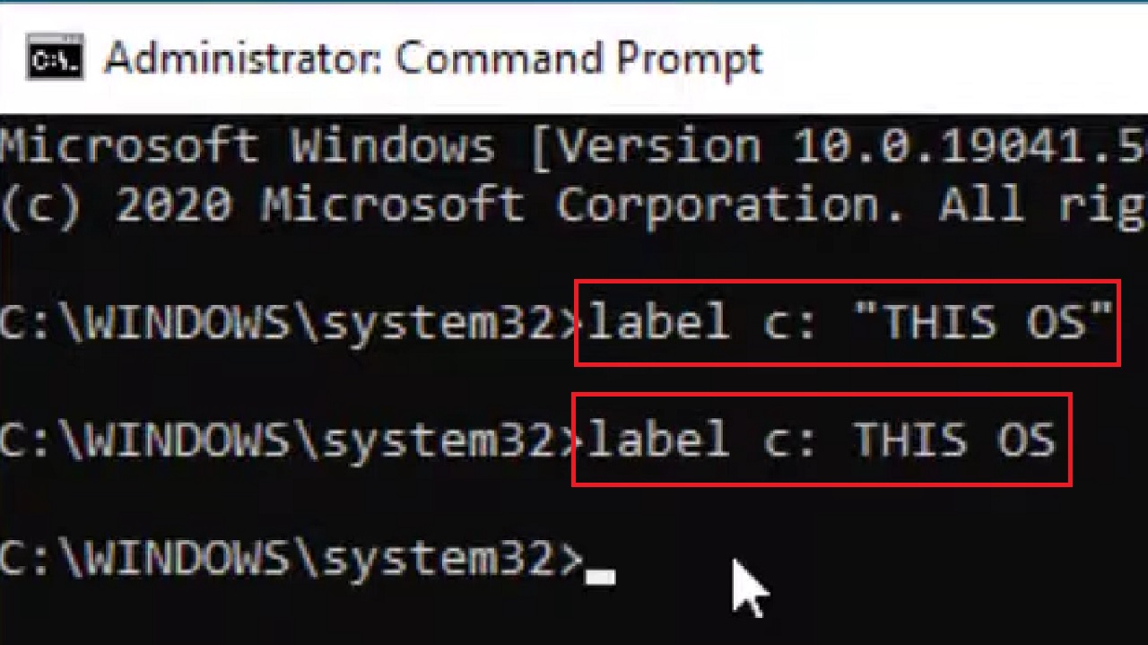 Using the commands label c: “THIS OS” or label c: THIS OS
