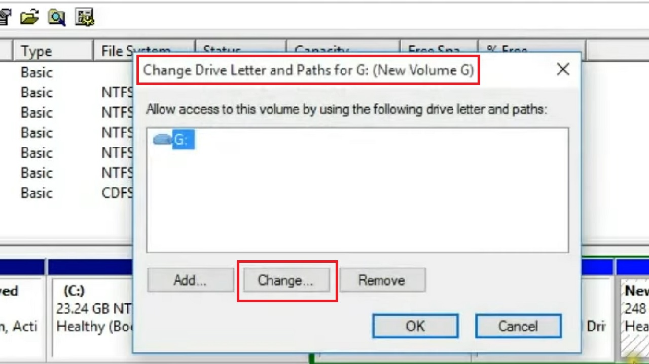 Change Drive letter and Paths for G: (New Volume G) window