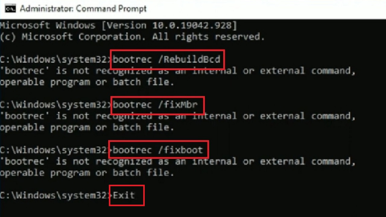 The bootrec commands are: bootrec /RebuildBcd bootrec /fixMbr bootrec /fixboot