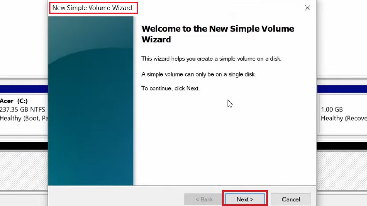 New Simple Volume Wizard window