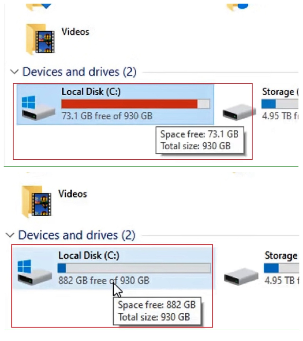 Notice the difference of free space