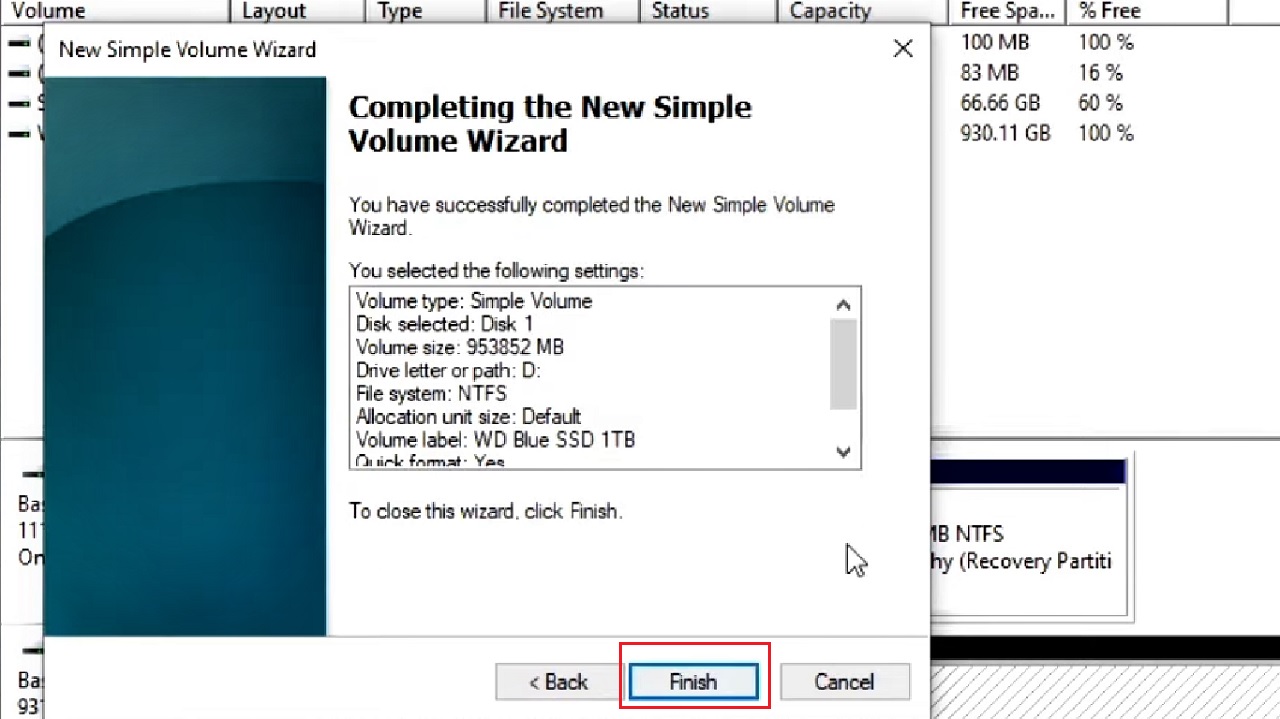 Clicking on the Finish button in the New Simple Volume wizard window