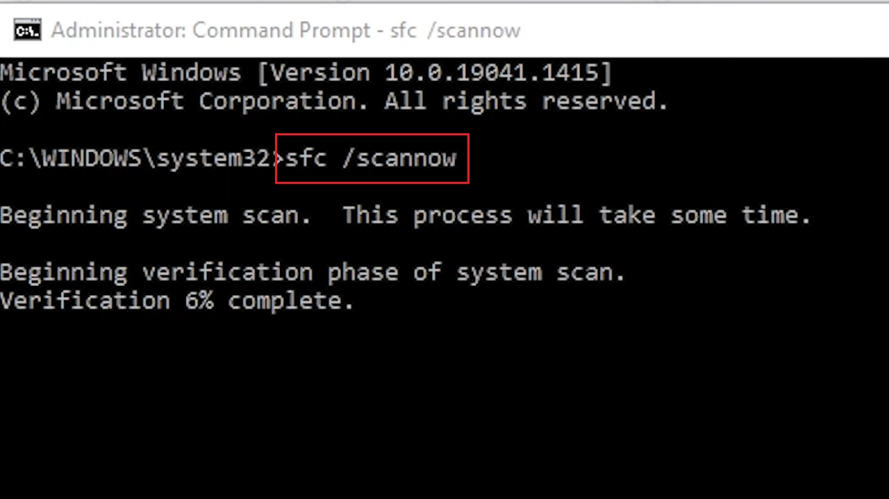 Typing in the command sfc /scannow