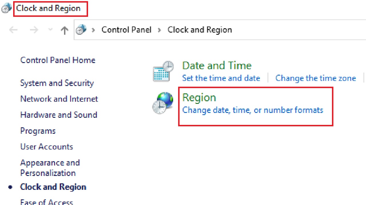 Clicking on "Change date, time, or number formats"