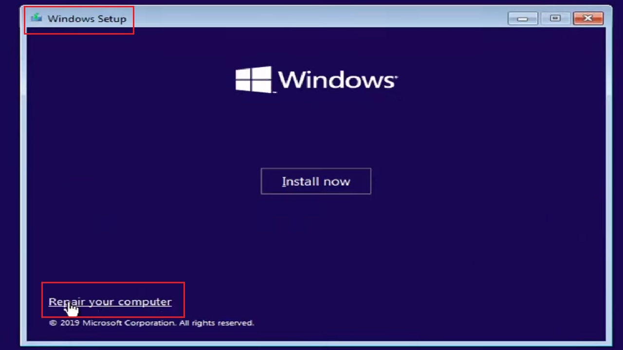 Selecting Repair your computer at the bottom of the Windows setup screen