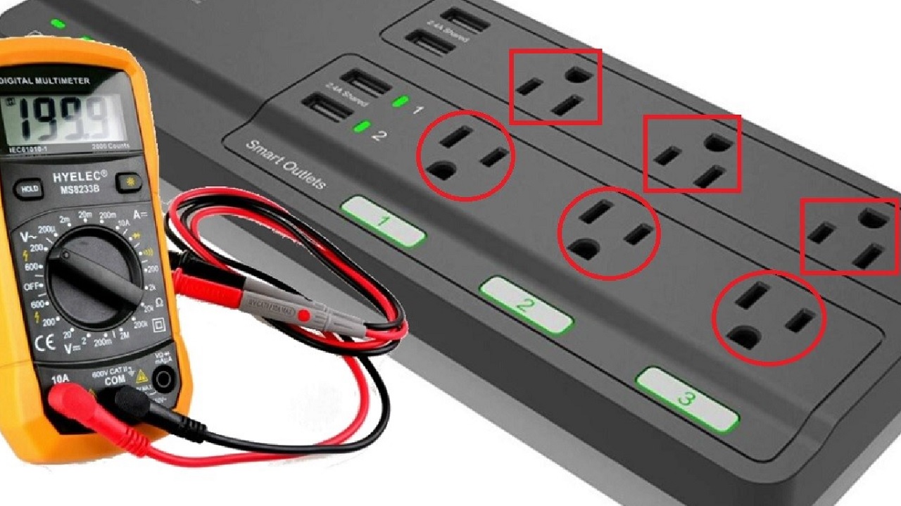 Checking the voltage on each of its connectors of the surge protector by using a multimeter