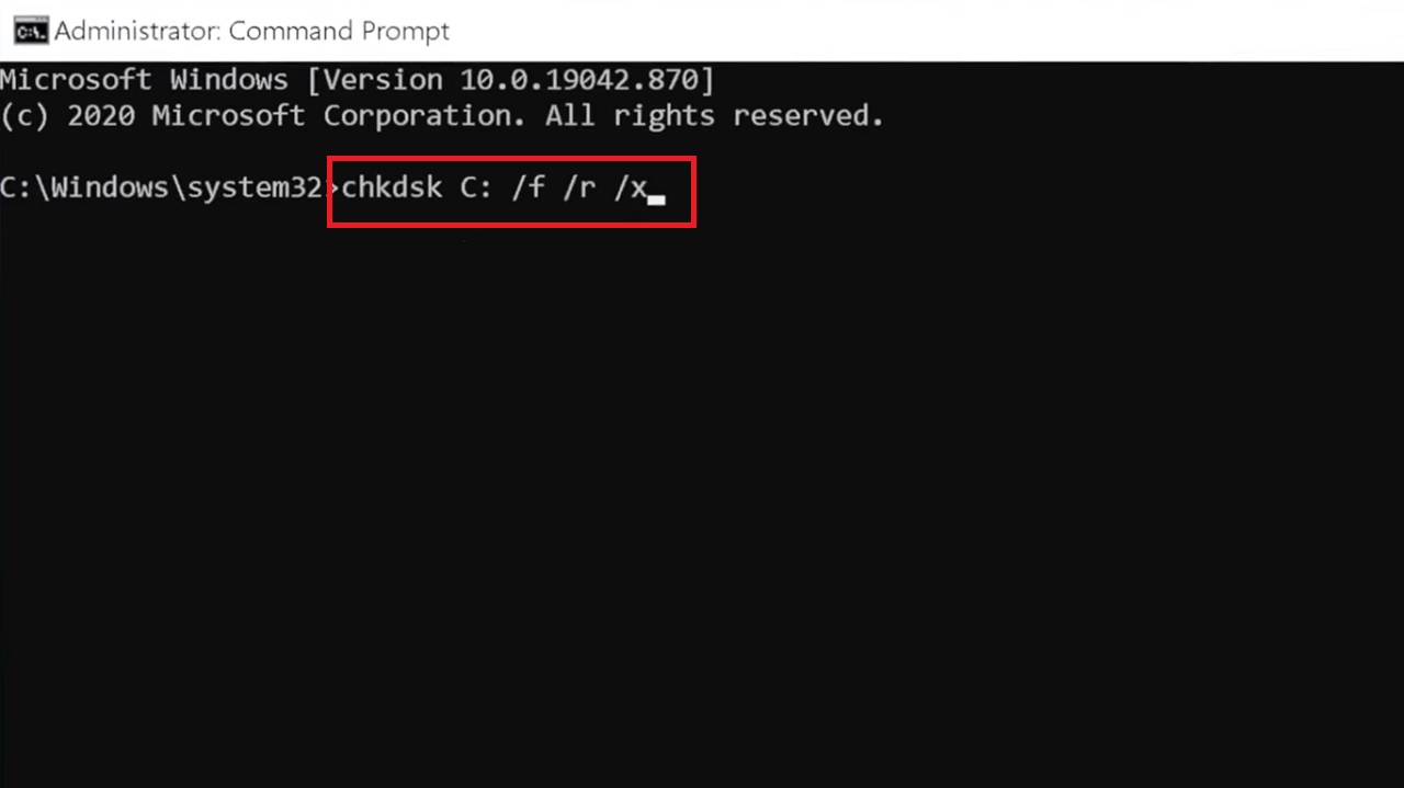 type in the command chkdsk C: /f /r /x