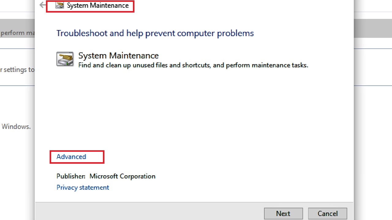 Clicking on Advanced in the System Maintenance window