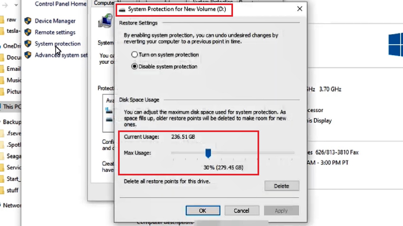 System Protection for New Volume (D:) window