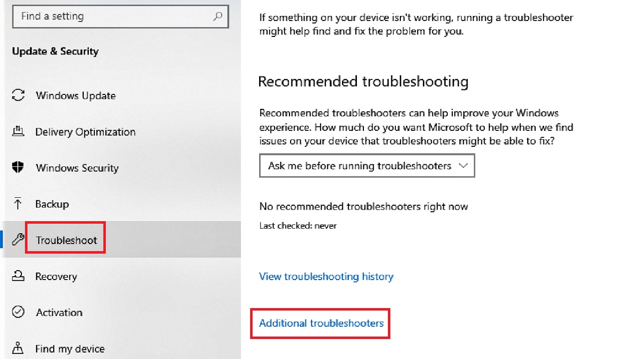 Select Additional troubleshooters from the right side of the window