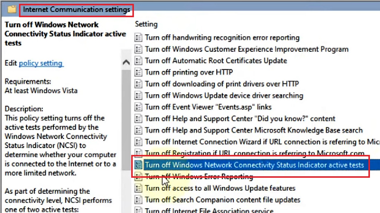 Turn off Windows Network Connectivity Status active tests