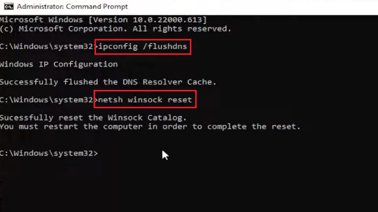 Typing in the command netsh winsock reset