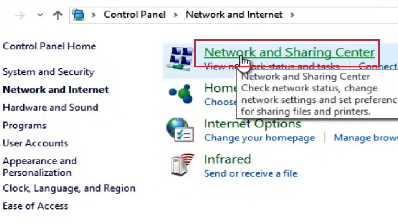 Clicking on Network and Sharing Center