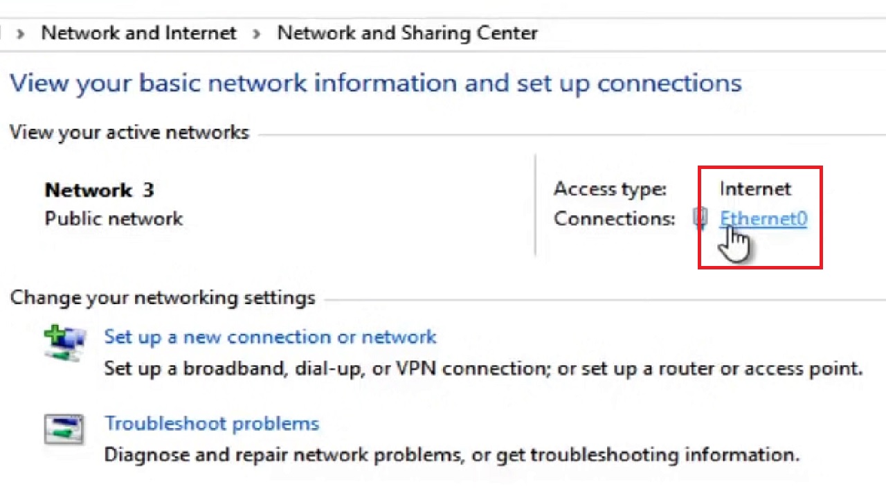 Opening the connection type by clicking on the Network and Sharing center window