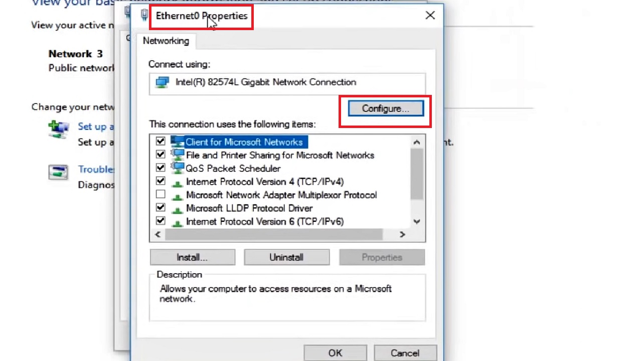 Click on the Configure button in the Ethernet0 Properties window