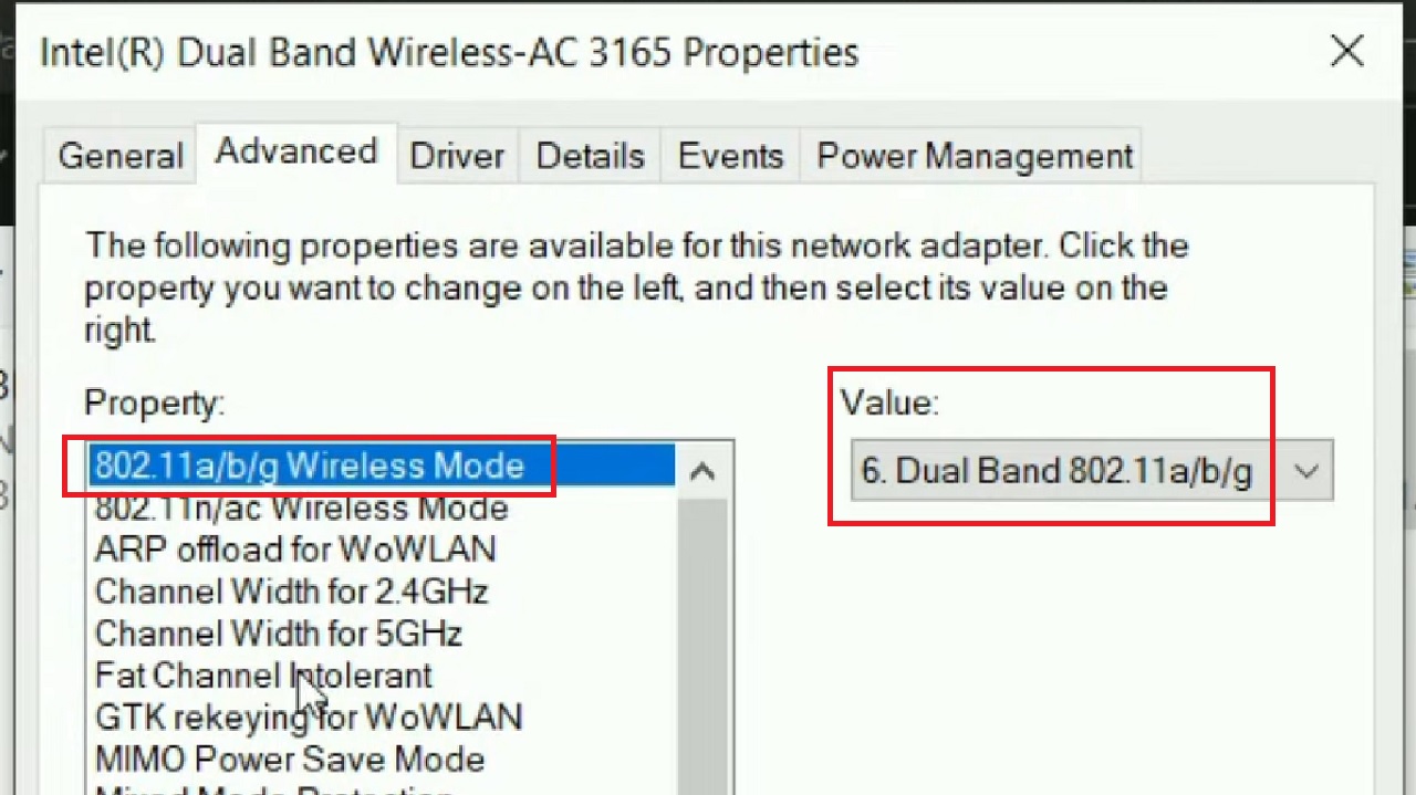 Value is set to Dual Band 802.11 a/b/g