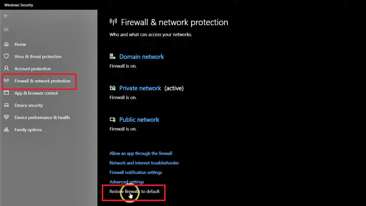 select ‘Restore firewall to default’