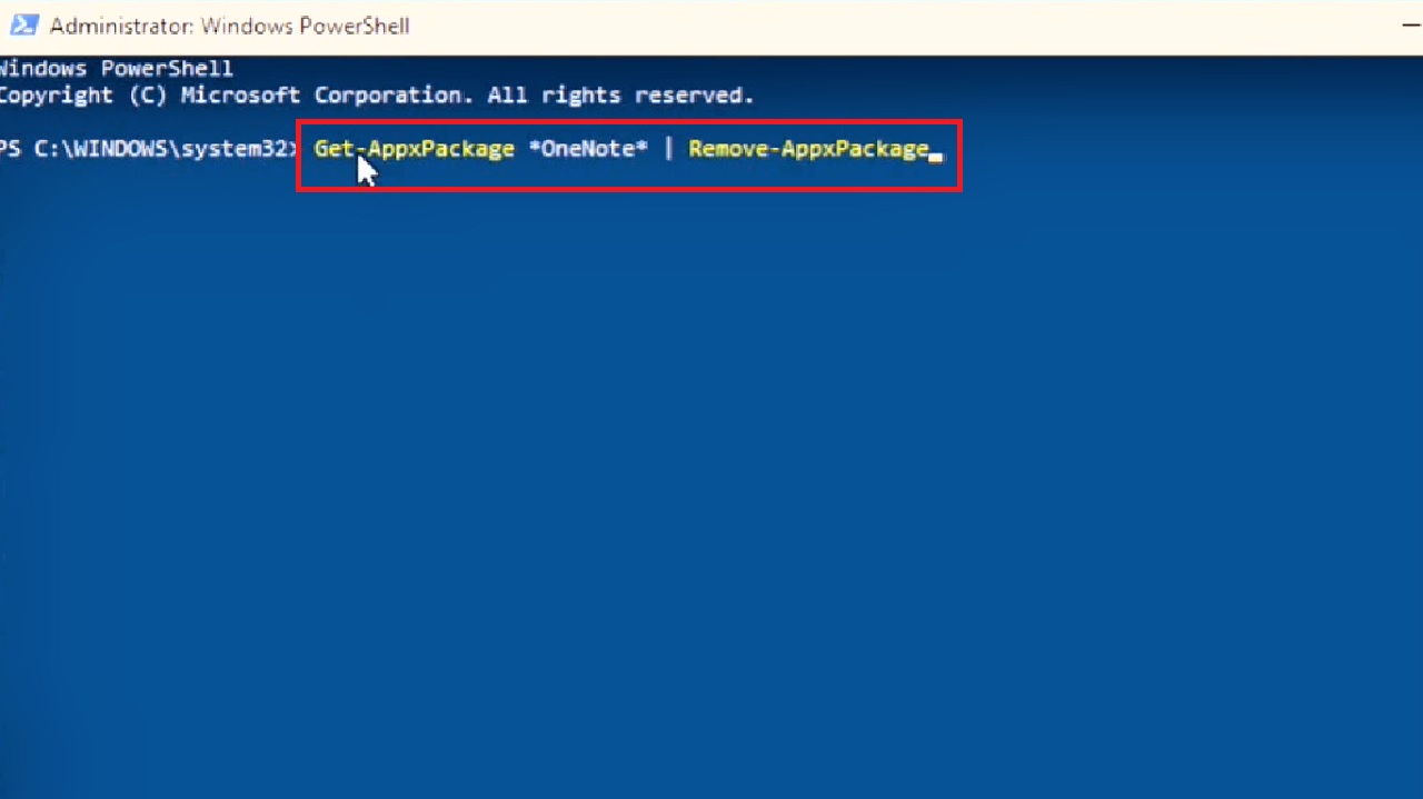 Type in the command Get-AppxPackage *OneNote* | Remove-AppxPackage