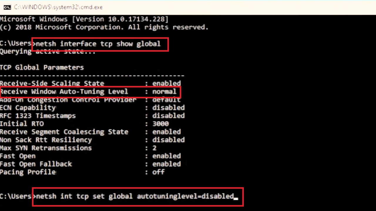 Typing in the command netsh int tcp set global autotuninglevel=disabled
