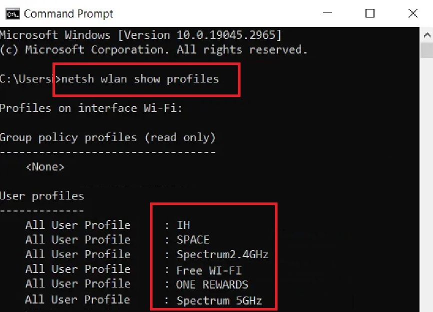 Typing in the command netsh wlan show profiles