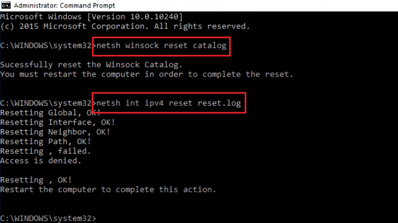 netsh winsock reset catalog netsh int ipv4 reset reset.log