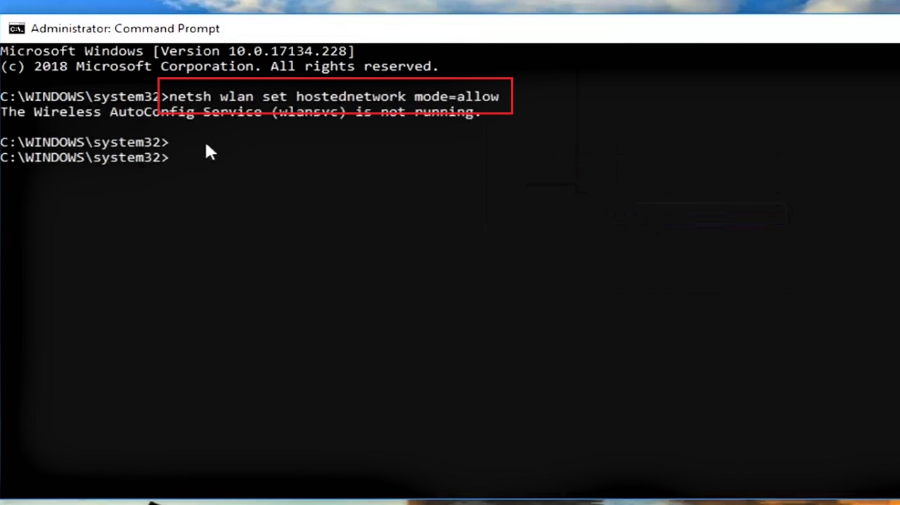 Typing in the command netsh wlan set hostednetwork mode=allow