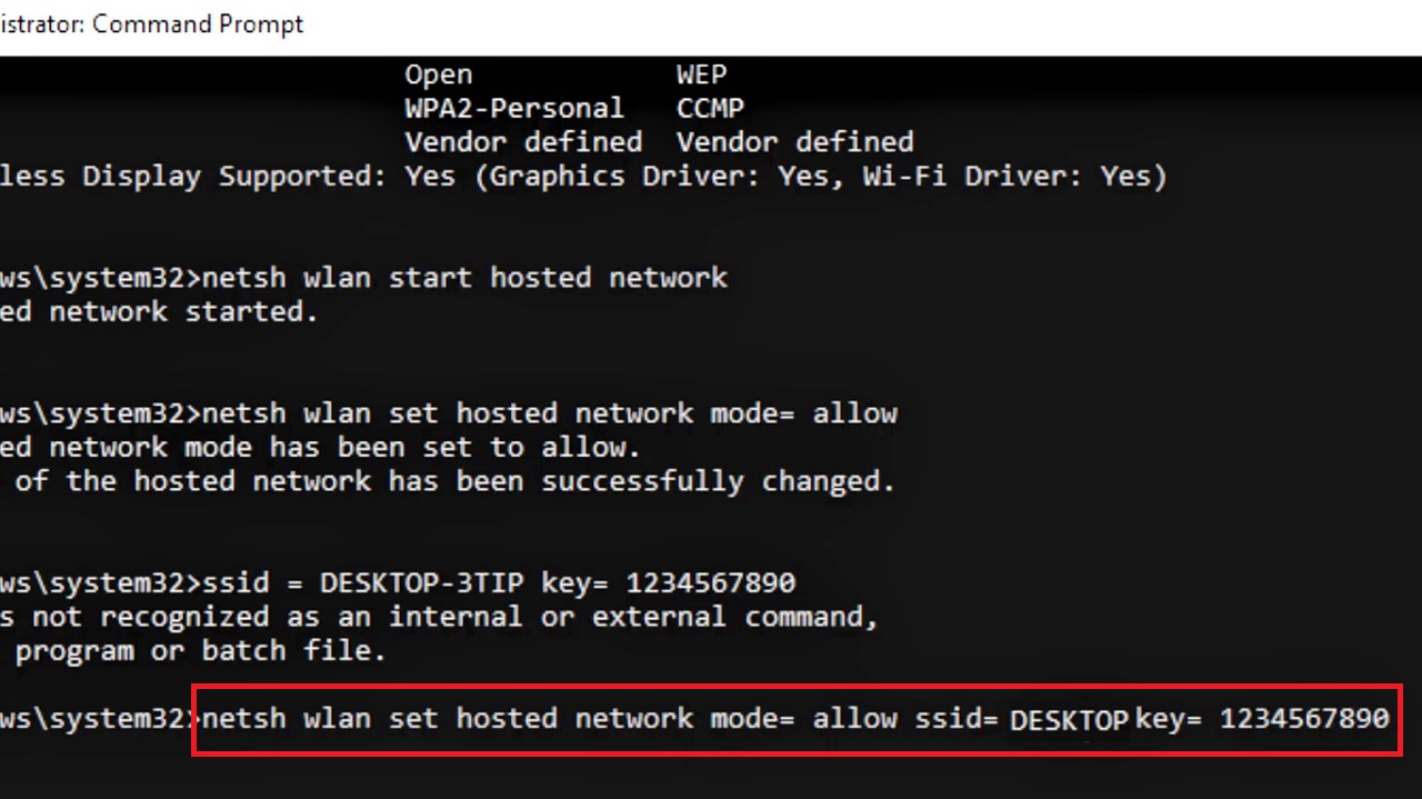 netsh wlan set hostednetwork mode=allow ssid= DESKTOP key=1234567890