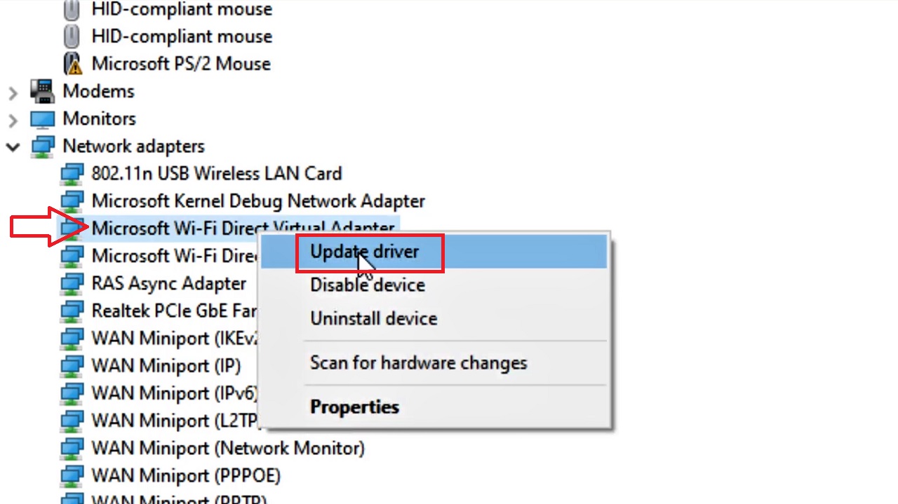 Clicking on Update driver option