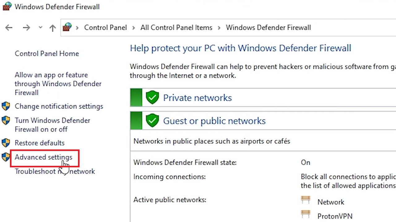 Clicking on the Advanced settings option in the Windows Defender Firewall window