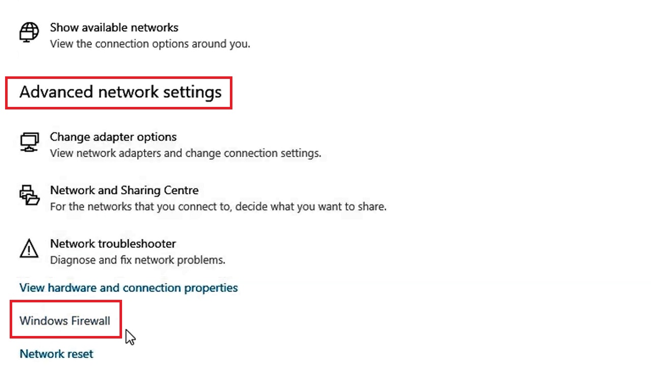 Finding Windows Firewall at the bottom on the right side under Advanced network settings