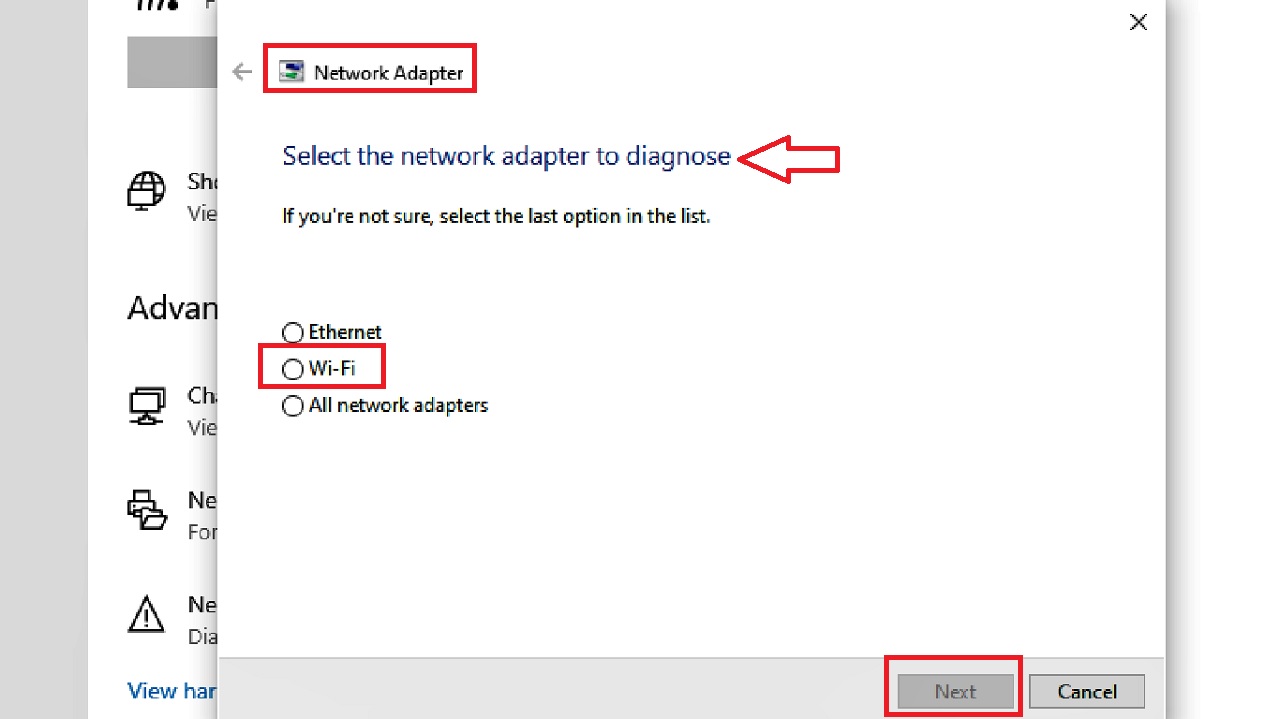 Select the network adapter to diagnose