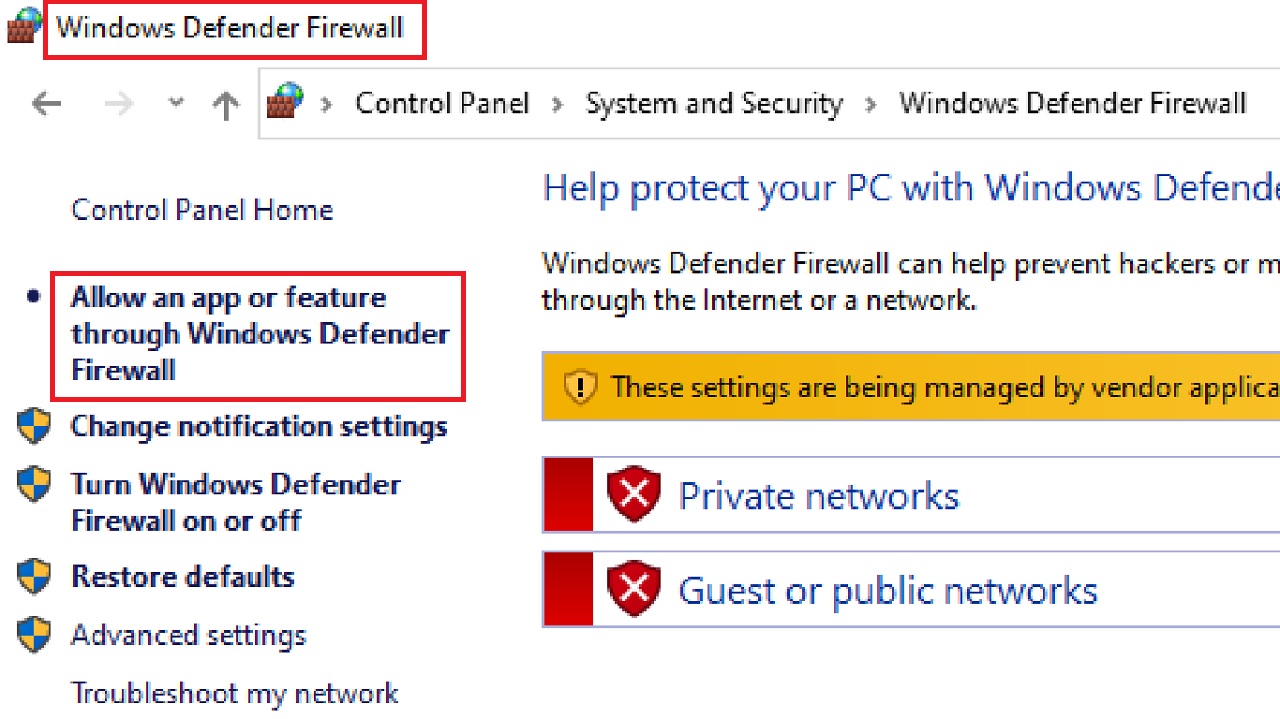 Clicking on the option ‘Allow an app or feature through Windows Defender Firewall’