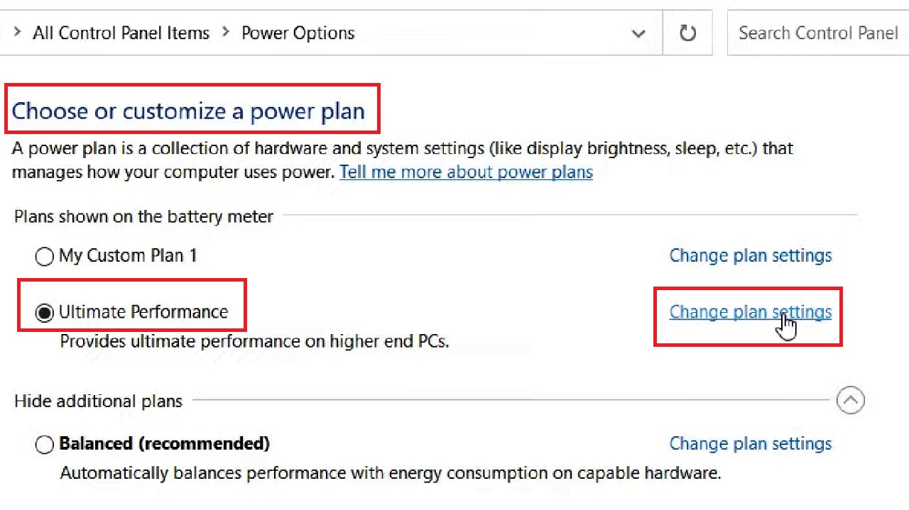 Choose or customize a power plan section