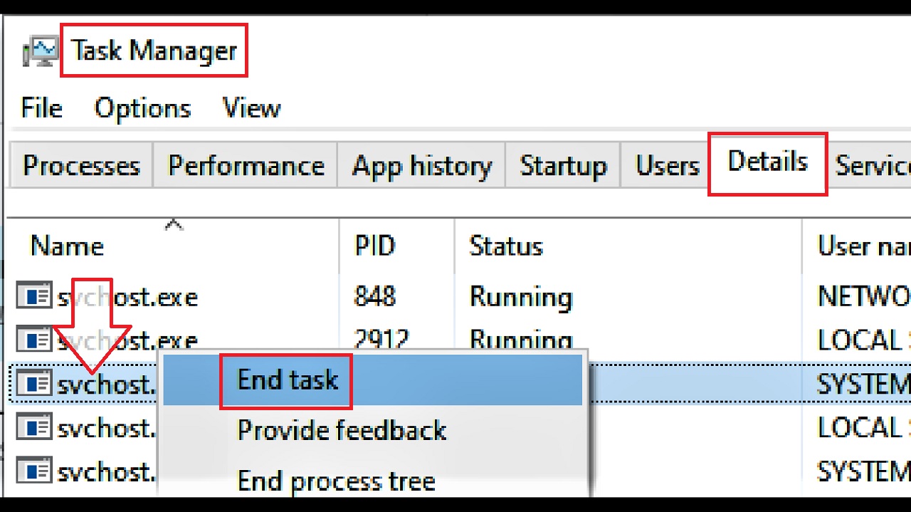 Clicking on End Task from the drop-down context menu to end the process