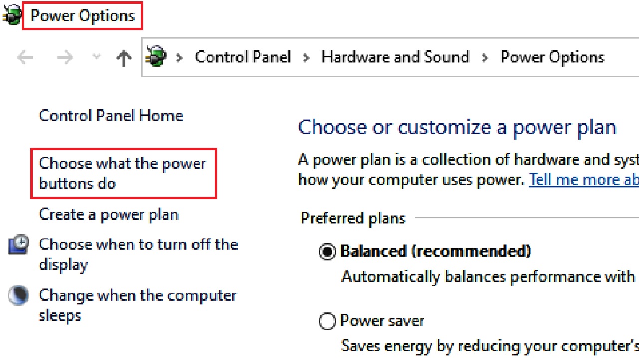 Selecting Choose what the power buttons do from the left pane of the following Power Options Window
