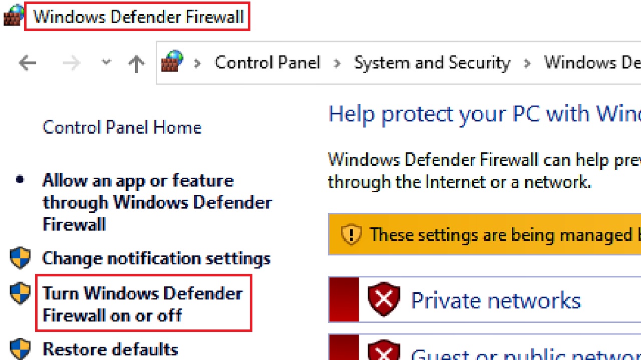 Selecting Turn Windows Defender Firewall on or off