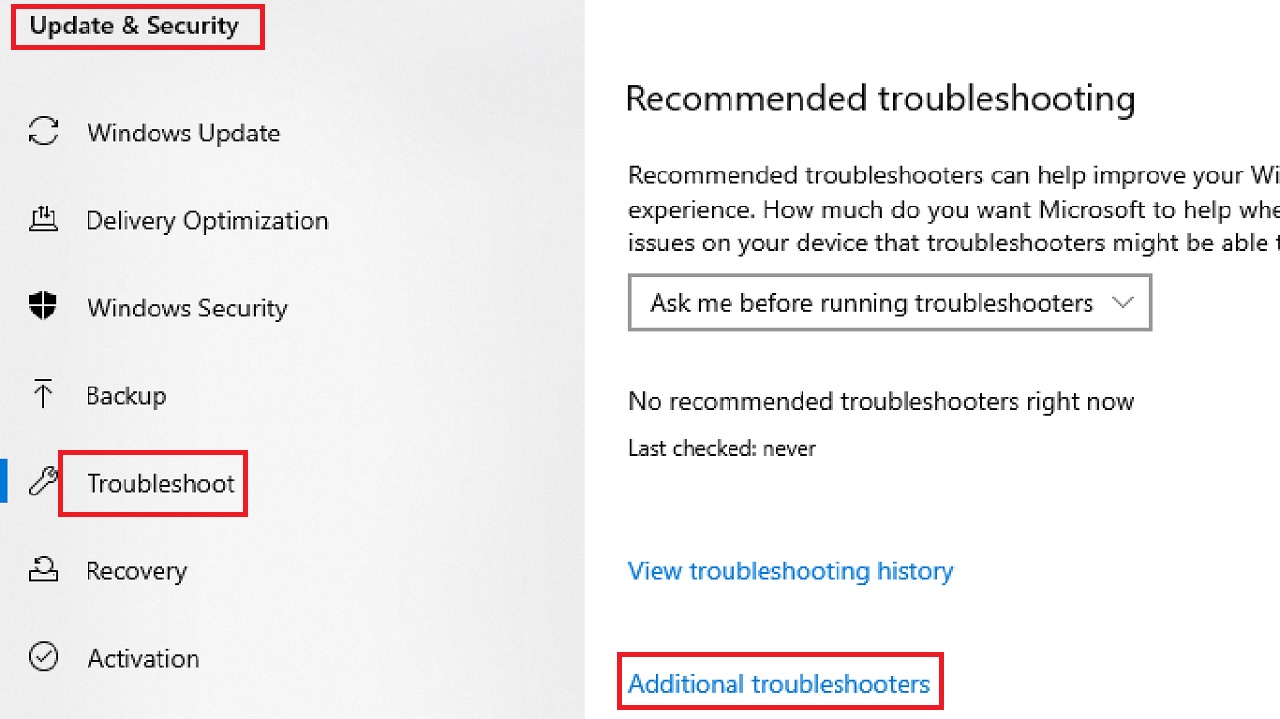Clicking on the Additional troubleshooters