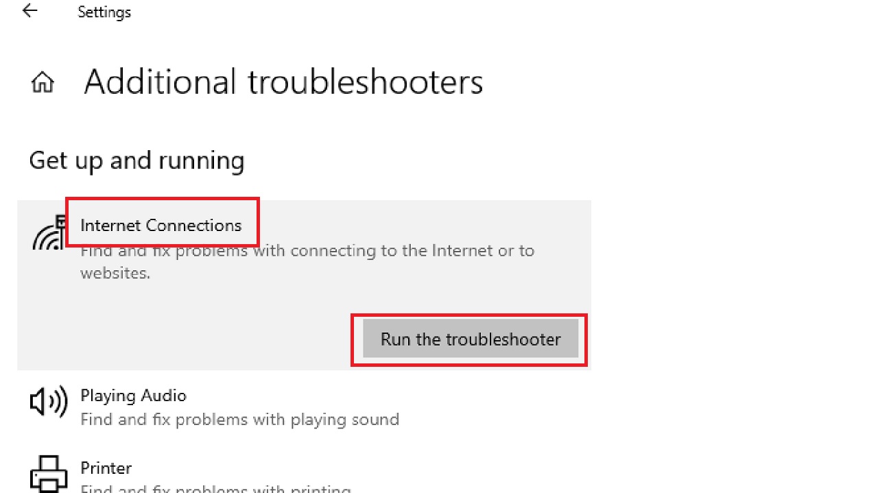 Clicking on Run the troubleshooter button under Internet Connections