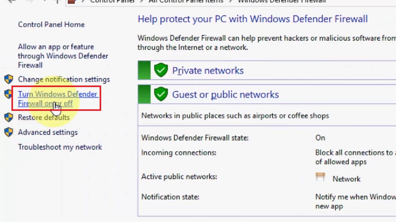Clicking on ‘Turn Windows Defender Firewall on or off
