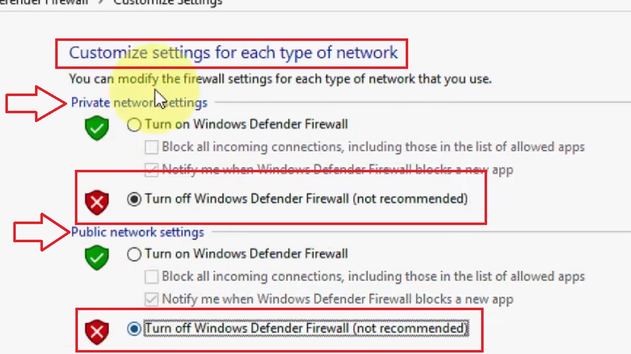 Clicking on the small circular button next to Turn off Windows Defender Firewall (not recommended)