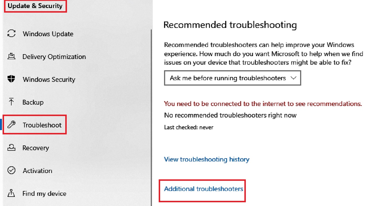 Selecting Additional troubleshooters