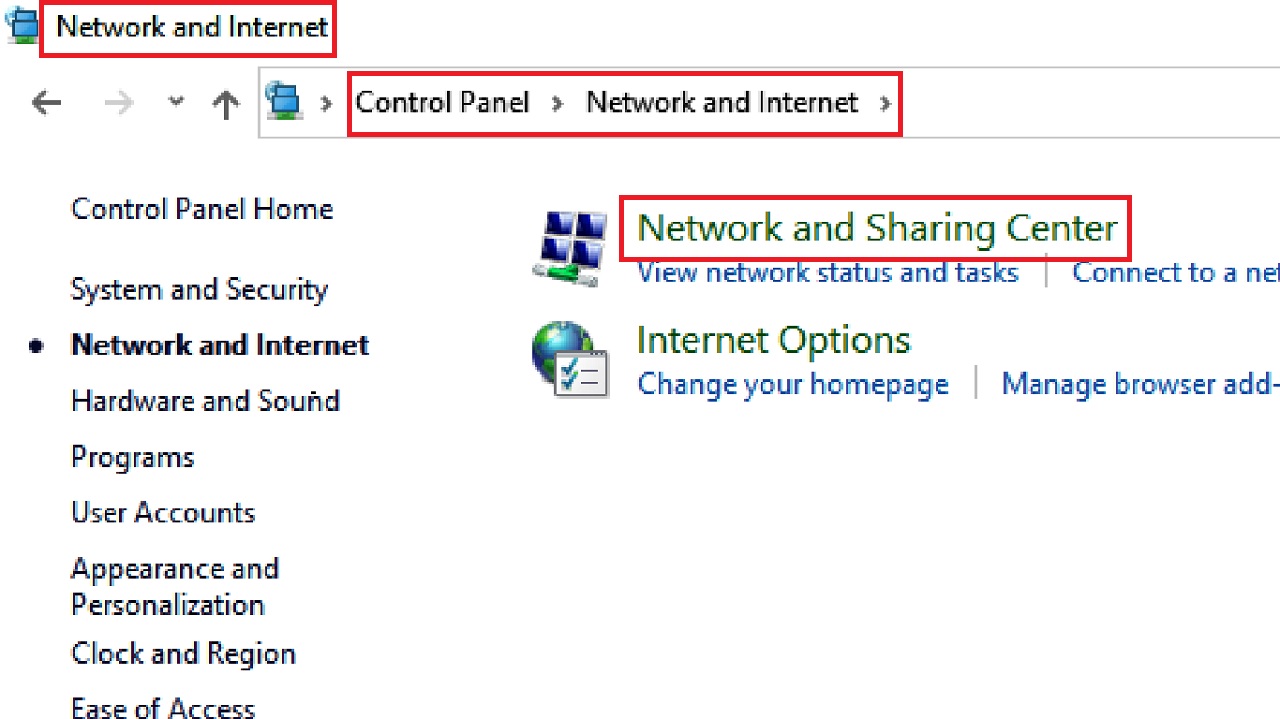 Clicking on the Network and Sharing Center option