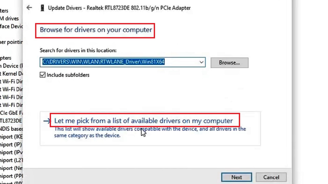 Clicking on Let me pick from a list of available drivers on my computer
