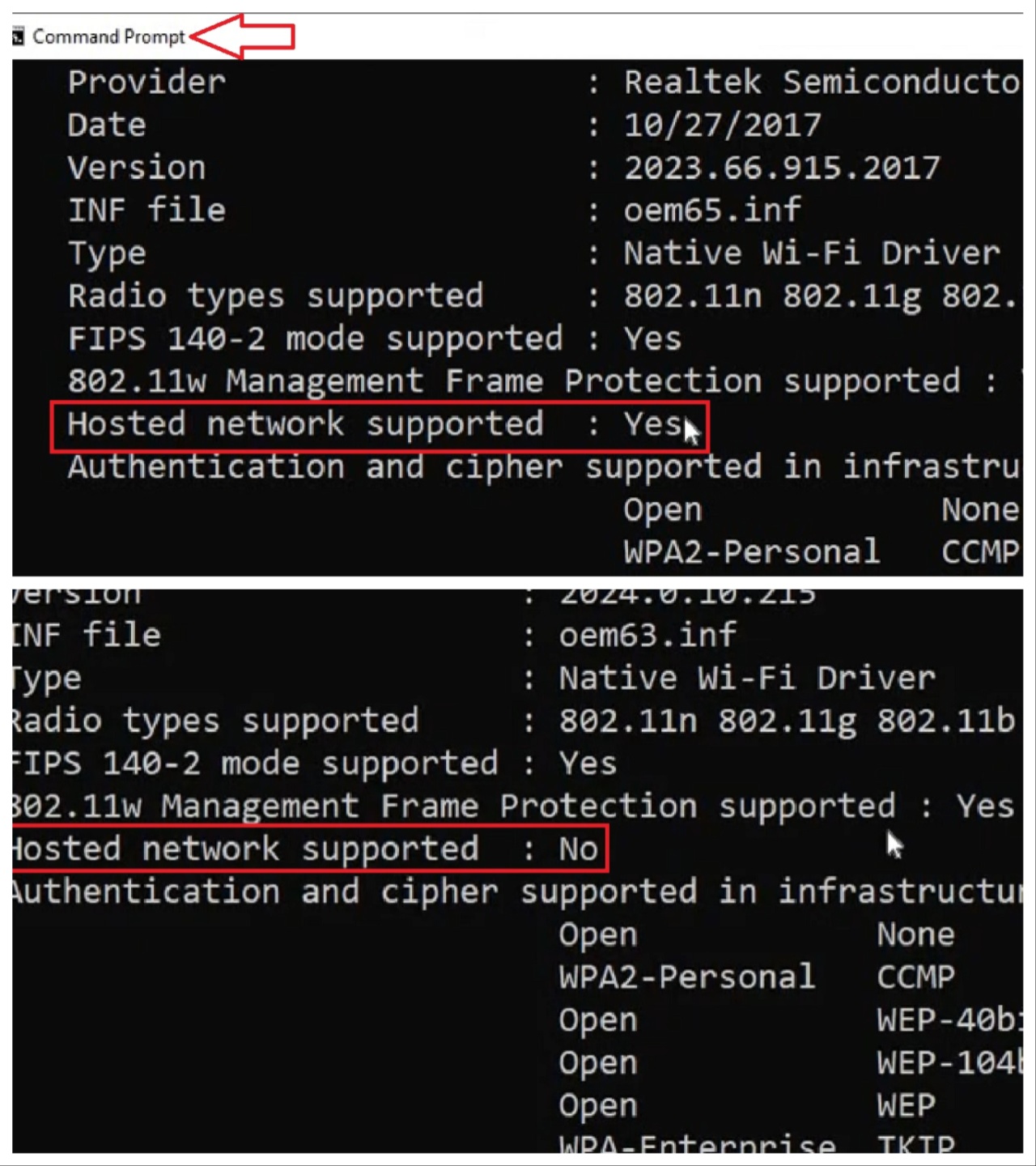 Hosted network supported in the Command Prompt is saying Yes
