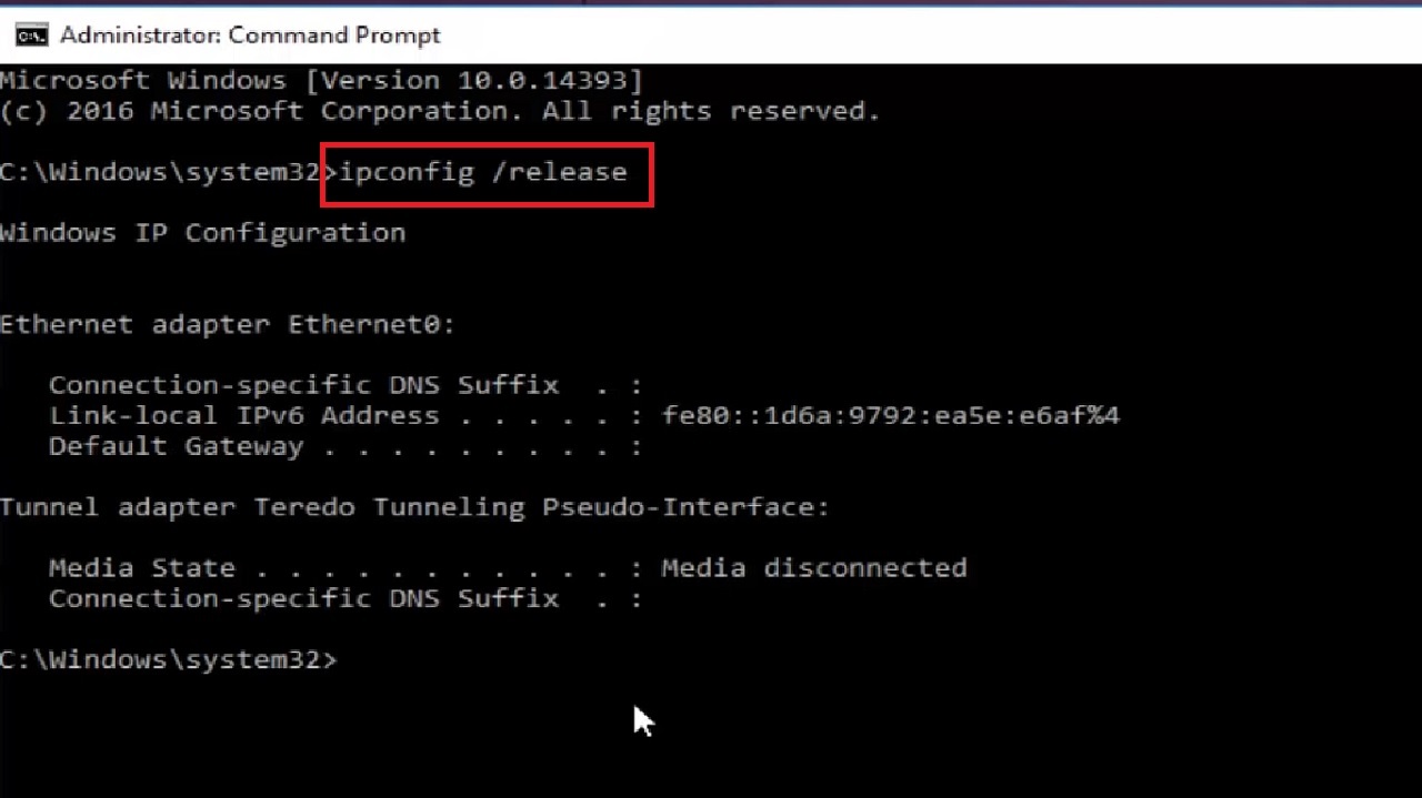 Typing in the command ipconfig /release