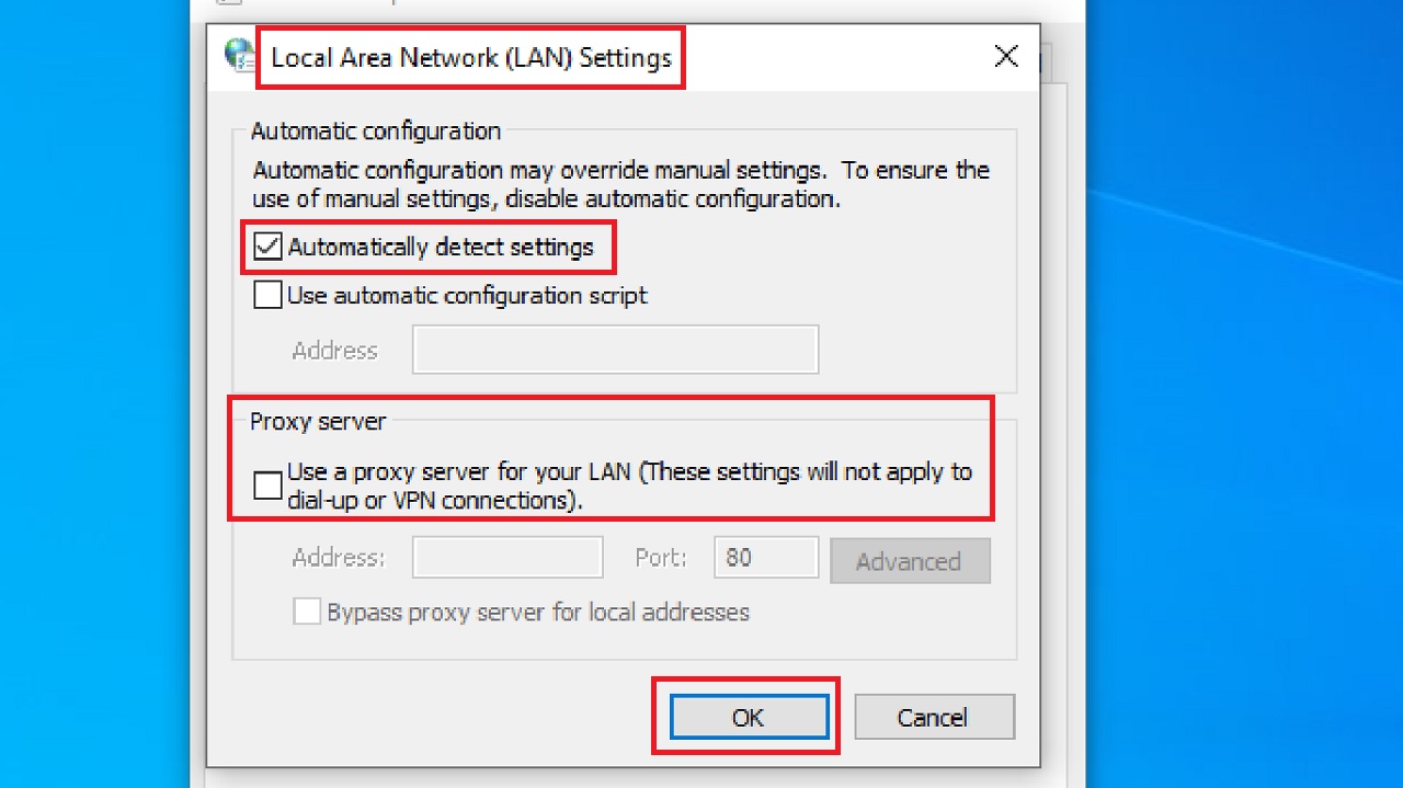 Local Area Network (LAN) Settings window