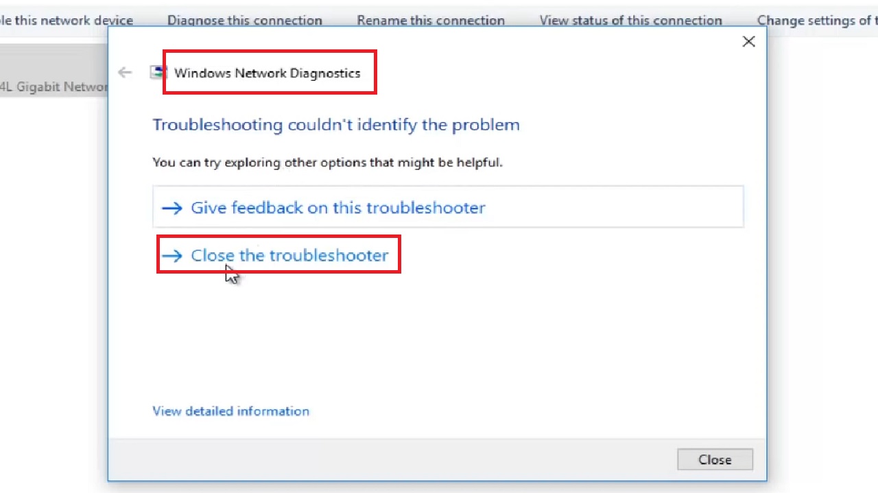 Clicking on the Close the troubleshooter option