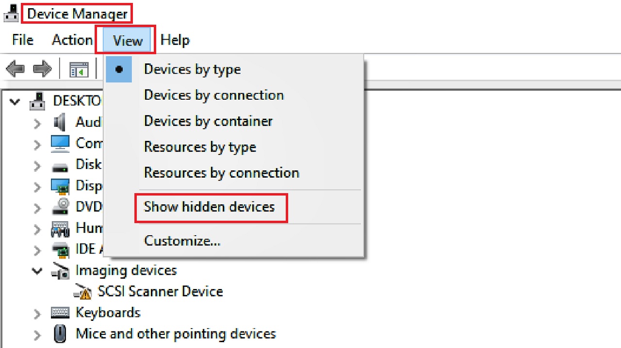 Selecting Show hidden devices