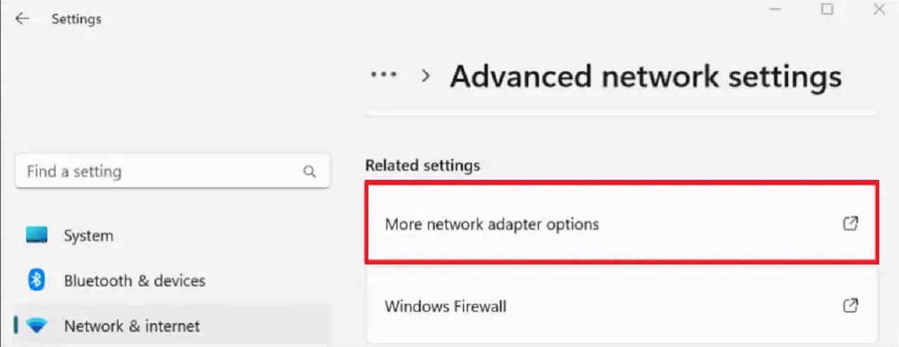 Selecting More network adapter options