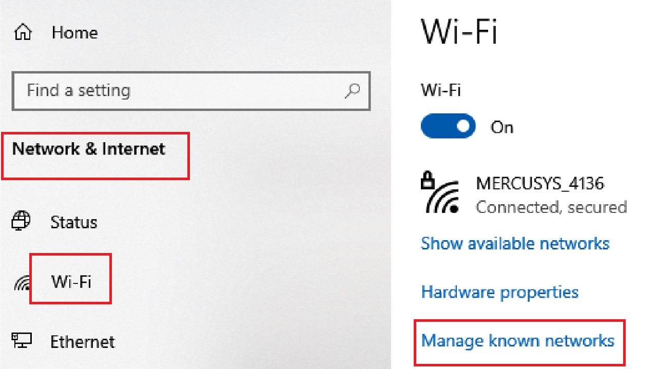 Clicking on Manage known networks option